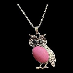 Silver Pink Crystal Rhinestone Cubic Zirconia Gemstone Bird Owl Necklace Chain